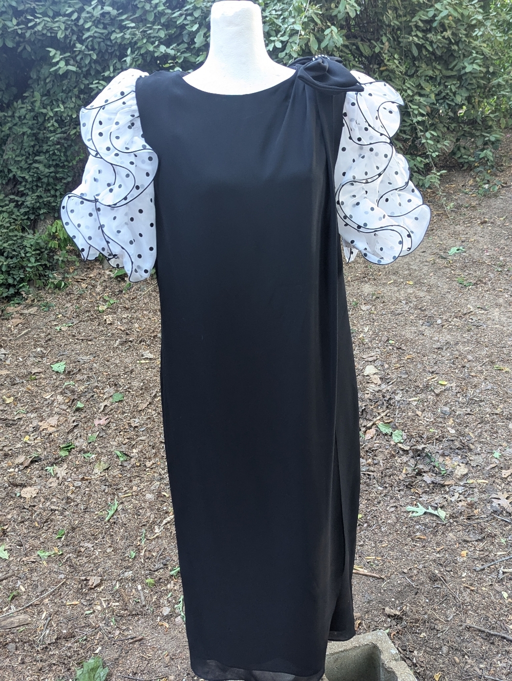 VTG 80s After Dark Black Polka Dot Ruffle Puff Sleeve Dress Rhinestone Bow 11/12